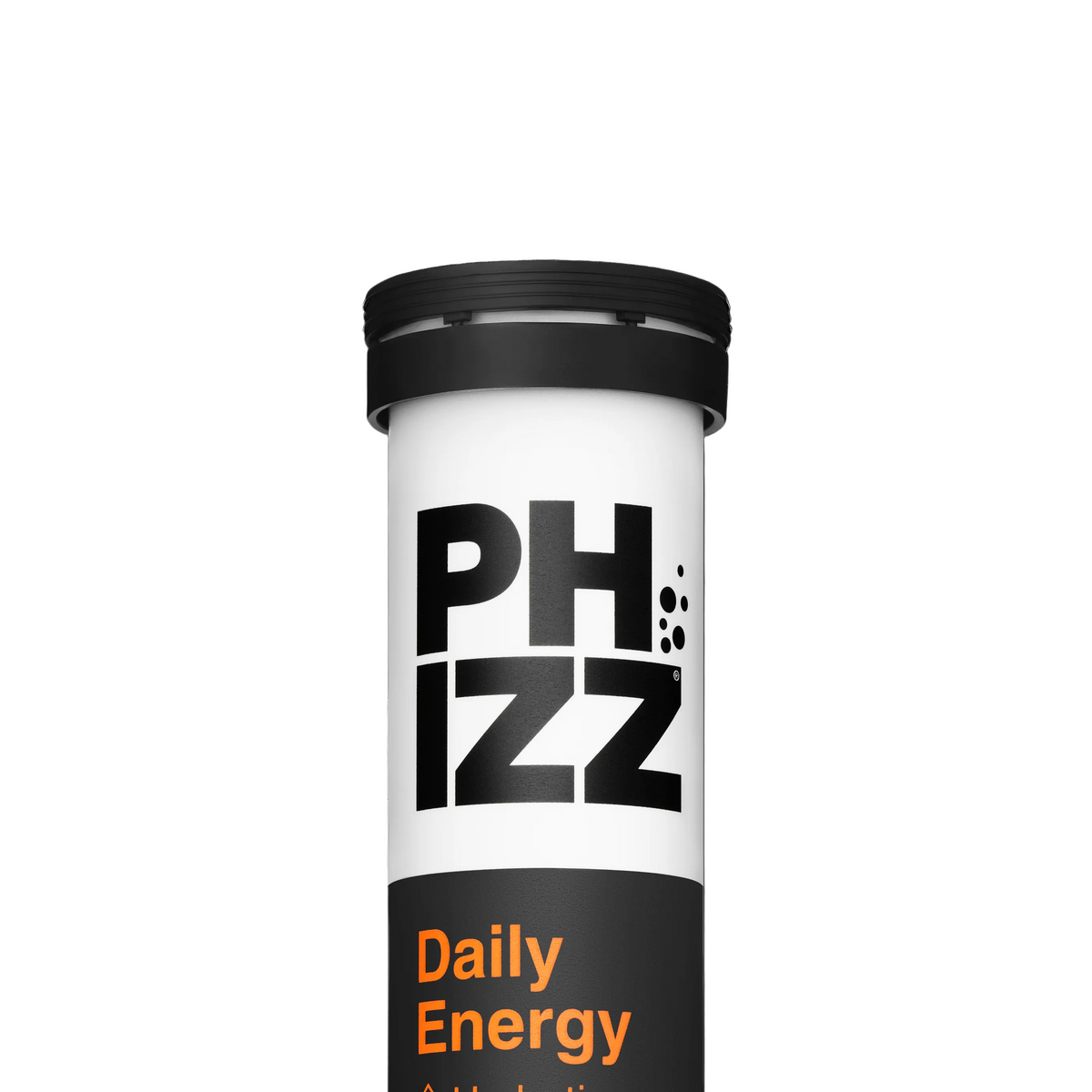 A tall cylindrical supplement tube labeled PHIZZ Daily Energy Orange, 20 Tablets, on a plain white background.
