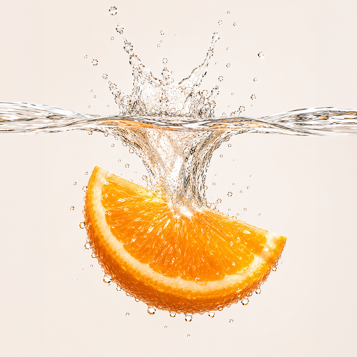 A bright orange slice floating underwater with a water splash above it, set against a clean off-white background.