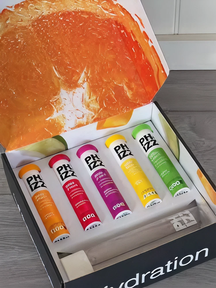 Open Phizz box with colourful tubes and fresh orange